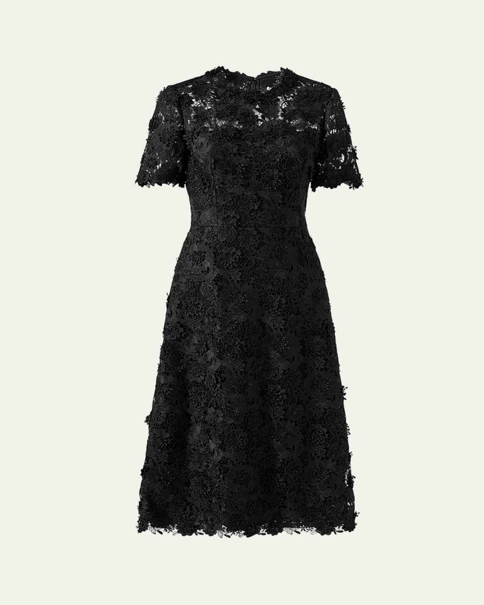 Floral Lace Short-Sleeve Illusion Dress
